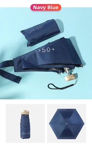 Detail of navy blue folding mini umbrella with matching UPF 50+ UV protection pouch