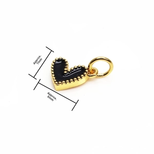 Detail of small black heart pendant with gold bead edge, size 7mm x 8mm for jewelry making