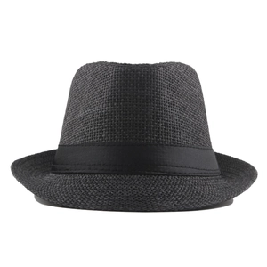 Classic black straw Panama jazz hat with square ribbon decoration for sun protection