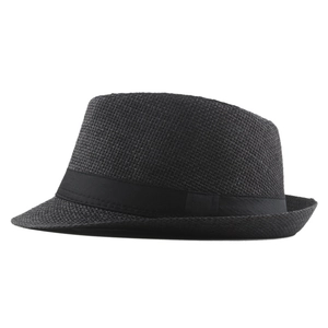 Black paper straw Fedora sun hat with ribbon band for summer outdoor sun protection