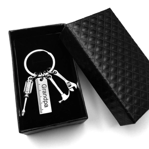 Father's Day tool keychain set for Grandpa with hammer and wrench in a black gift box