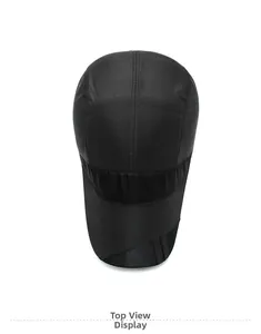 Top view of black quick-dry baseball cap featuring breathable mesh and textile panels