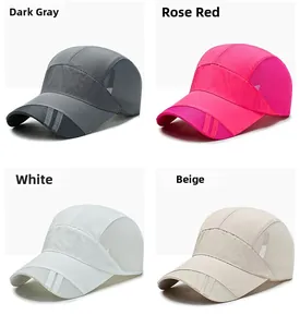 Quick-dry mesh baseball caps shown in dark grey, rose red, white, and beige colors