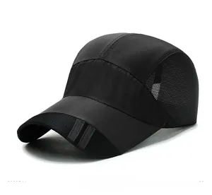 Detail of black quick-dry baseball cap with breathable mesh and stylish striped brim