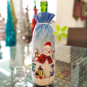 Housse de bouteille de vin de Noël bleue avec motif bonhomme de neige et cordon