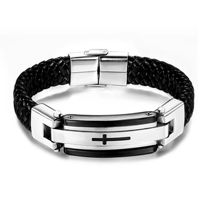 Bracciale da uomo in pelle intrecciata con ciondolo a croce in acciaio e chiusura in argento