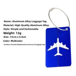 Blue airplane aluminum luggage tag with steel cable and dimension specs of 7.5cm by 4.4cm