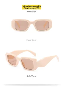 Detailed views of khaki square sunglasses with tea lenses showing front and side angles