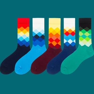 Five-pack of colorful diamond pattern crew socks with vibrant geometric argyle designs