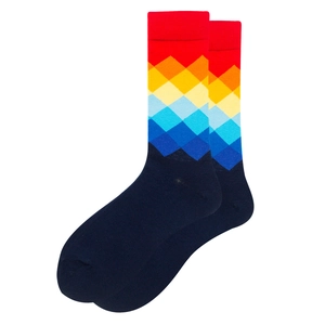 Detail showing rainbow argyle pattern on colorful cotton blend mid-calf crew socks