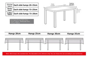 Detailed size guide for rectangular tablecloth with tassel fringe and hanging length tips