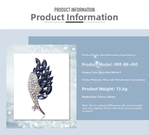 Detail view of feather brooch with blue crystal glass and rhinestones on alloy base