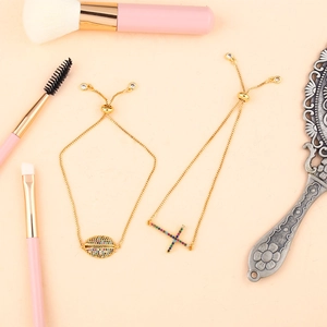 Adjustable gold shell and cross bracelets with colorful zircon micro-inlay for women