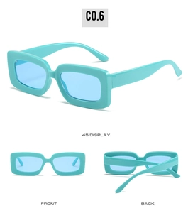 Detailed multi-angle views of retro candy color square sunglasses in mint green