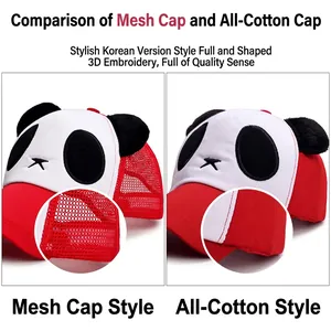 Cartoon panda baseball cap with 3D ears, featuring mesh and cotton fabric contrast