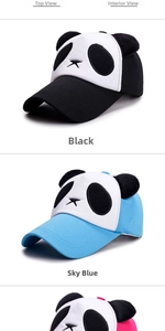 Detail view of cute panda baseball caps showing plush ears and stitched cartoon features