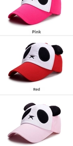 Detail view of panda baseball caps in deep pink, red, and light pink with 3D plush ears