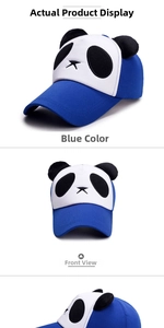 Detail view of a blue and white panda baseball cap with 3D plush ears and embroidered face