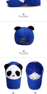 Detail view showing blue and white panda baseball cap with plush ears and mesh design