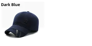 Detail of navy blue wool baseball cap featuring leather stripes and N embroidery