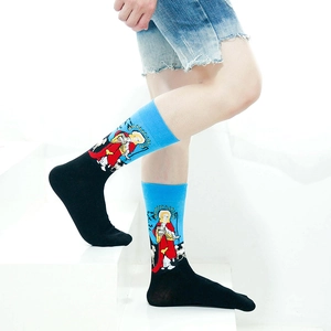 Men's cotton crew socks with religious oil painting pattern and blue-black contrast colors