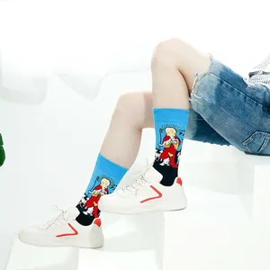 Men's blue and black crew socks featuring religious oil painting jacquard pattern