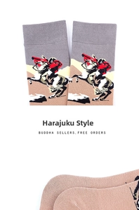 Detailed jacquard knit of Napoleon oil painting on cotton crew socks in grey and khaki
