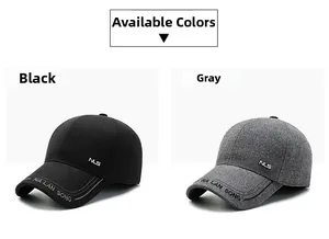Detailed close-up of wool texture and NLS embroidery on black and grey baseball caps