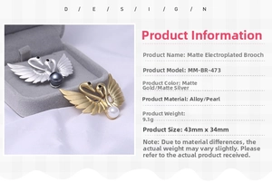 Detail of matte gold and silver swan brooches with pearl accents and wing textures
