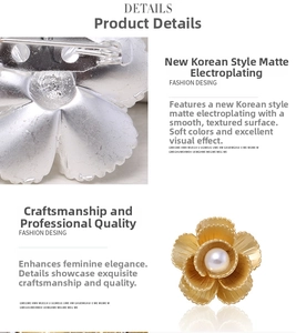 Detailed views of flower brooch showing matte gold petals, pearl center and back pin