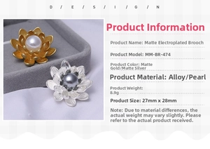 Detailed specs for matte lotus brooch with pearl center in gold and silver finish