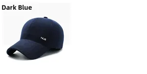 Detail view of navy blue wool baseball cap featuring NLS side embroidery and curved brim