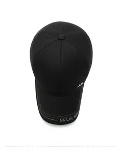Detailed top view showing the NA LAN SONG embroidery on a black wool baseball cap
