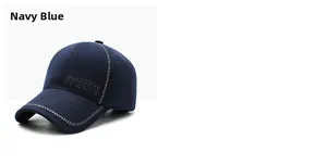 Detail of navy wool baseball cap with SPORTS embroidery and white contrast stitching