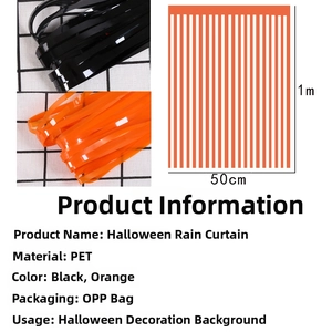 Detailed Halloween curtain dimensions showing 50cm width and 1m height in black and orange