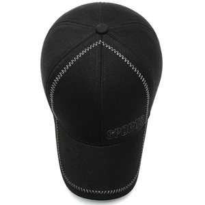 Men's winter baseball cap with ear flaps in black wool blend for senior sports wear