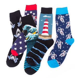 Set of four trendy mid-calf socks with shark, wave, lighthouse, and astronaut patterns