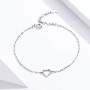 Minimalist S925 sterling silver heart anklet with hollow heart pendant and adjustable clasp