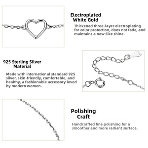 Detail of S925 sterling silver hollow heart bracelet with lobster clasp and extension chain