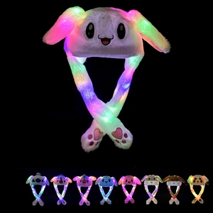 White plush bunny hat with glowing LED lights and moving ears for kids and adults