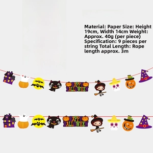 Dettaglio dello striscione Happy Halloween con strega e zucca e specifiche tecniche
