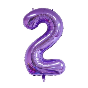 Detailed view of metallic purple number 2 foil balloon for birthday party decorations