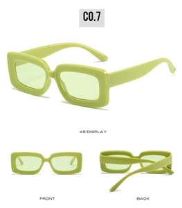 Three-angle display of retro square sunglasses in neon green showing front and side views