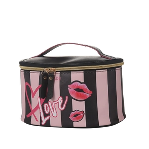 Cylindrical striped PU makeup bag with Love print and heart pattern on white background