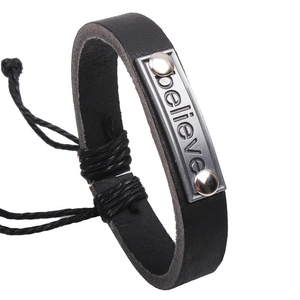 Believe Letter Inscribed Alloy And Genuine Leather Woven Bracelet Vintage Adjustable Punk Unisex Fashion Jewelry