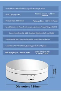 Detail view of electric rotating display stand showing 138mm diameter and 3kg load capacity