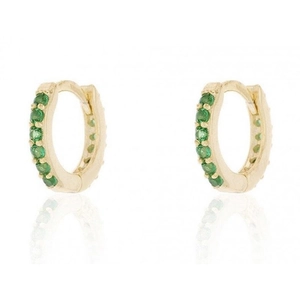 Detailed view of gold huggie earrings set with round green zircon stones on white background