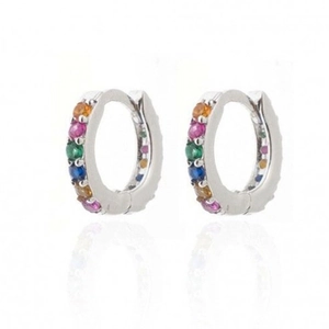 Silver hoop earrings with rainbow zircon stones and reflection on white background
