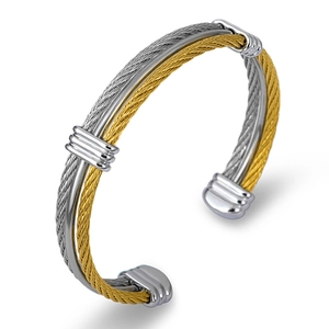 Mens stainless steel twisted cable bangle in silver and gold two-tone metal finish