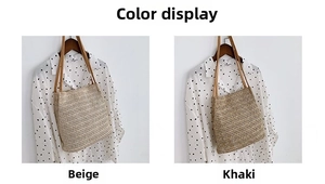 Borse tote in paglia intrecciata a mano in beige e kaki con tracolle lunghe